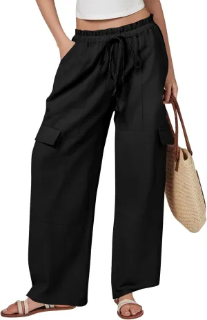 High Waisted Linen Pants Women Plus Size Baggy Wide Leg Palazzo Pants Lightweight Cargo Pant Summer Beach Pant