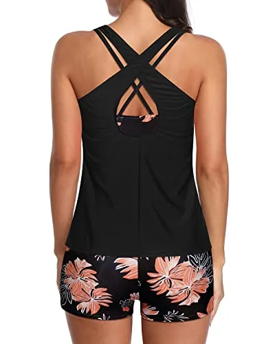 High Waisted Tummy Control Tankini Swimsuits For Women-Black Orange Floral