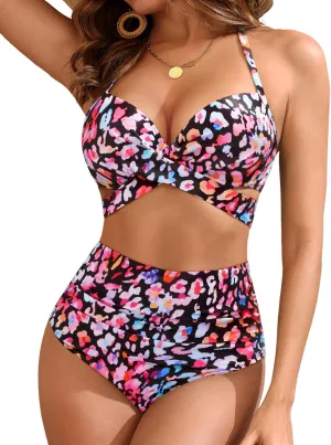 High Waisted Underwire Bikini Sets - Women 2025 Two Piece Swimsuits Halter Bathing Suits with Tummy Control Bottom