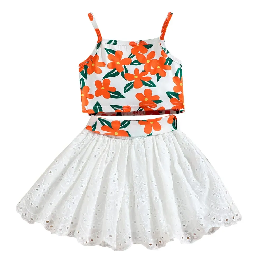 Hopscotch Polyester Girls Floral Print Slim Fit Blouseskirt Set In Orange Color For Ages 1-2 Year
