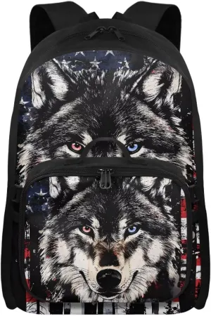 HUGS IDEA American Flag Bookbag for Boys 6-8 Wolf Print Kids School Bookbag with Lunchbox Cool Preschool Backpack for Students Lightweight School Bag with Lunch Bag for Boys Daypack