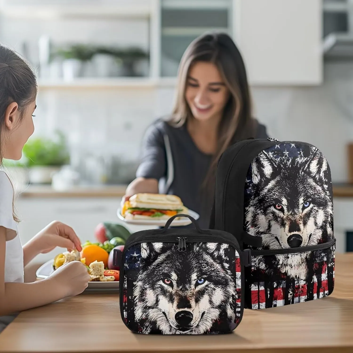 HUGS IDEA American Flag Bookbag for Boys 6-8 Wolf Print Kids School Bookbag with Lunchbox Cool Preschool Backpack for Students Lightweight School Bag with Lunch Bag for Boys Daypack