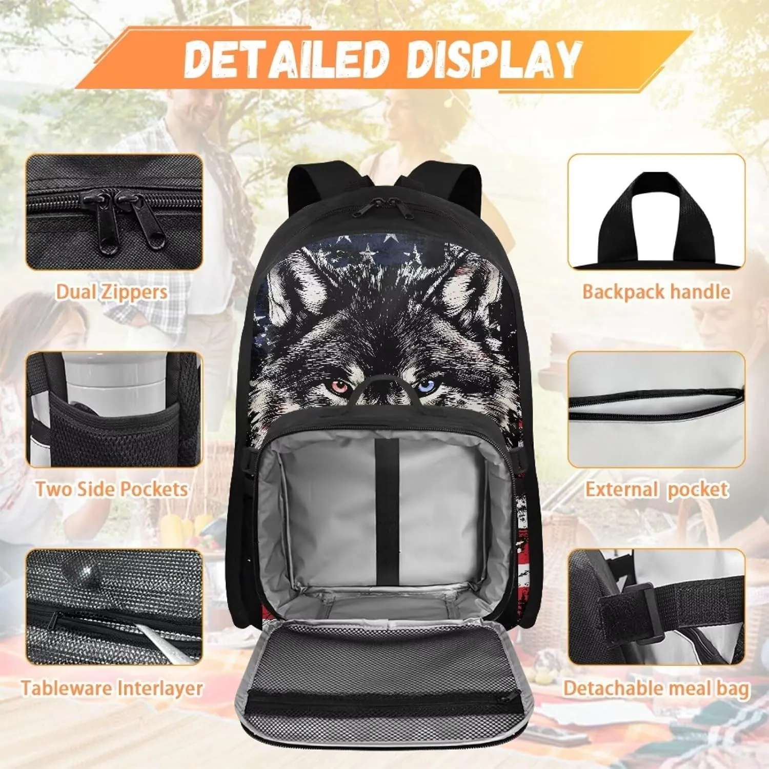 HUGS IDEA American Flag Bookbag for Boys 6-8 Wolf Print Kids School Bookbag with Lunchbox Cool Preschool Backpack for Students Lightweight School Bag with Lunch Bag for Boys Daypack