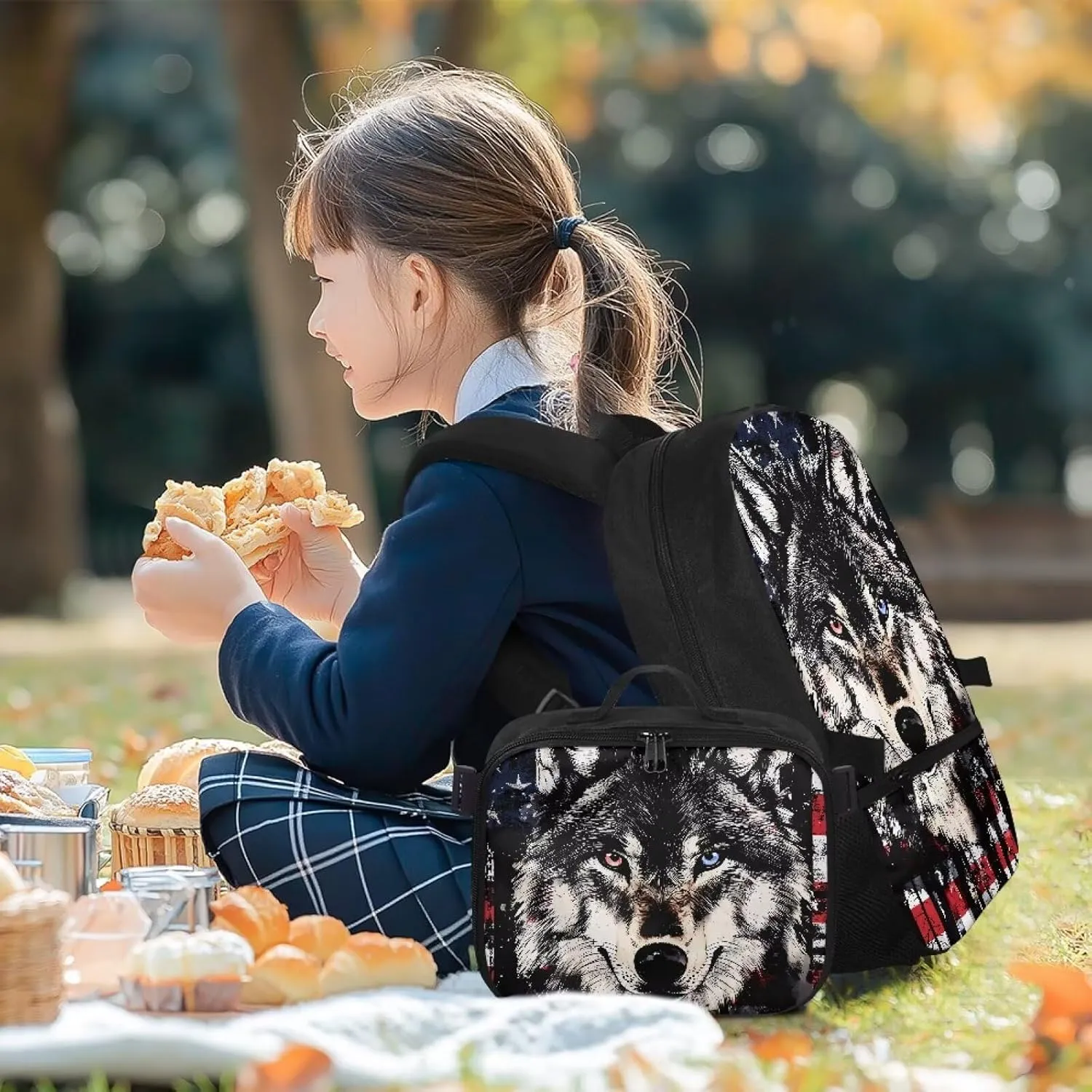 HUGS IDEA American Flag Bookbag for Boys 6-8 Wolf Print Kids School Bookbag with Lunchbox Cool Preschool Backpack for Students Lightweight School Bag with Lunch Bag for Boys Daypack