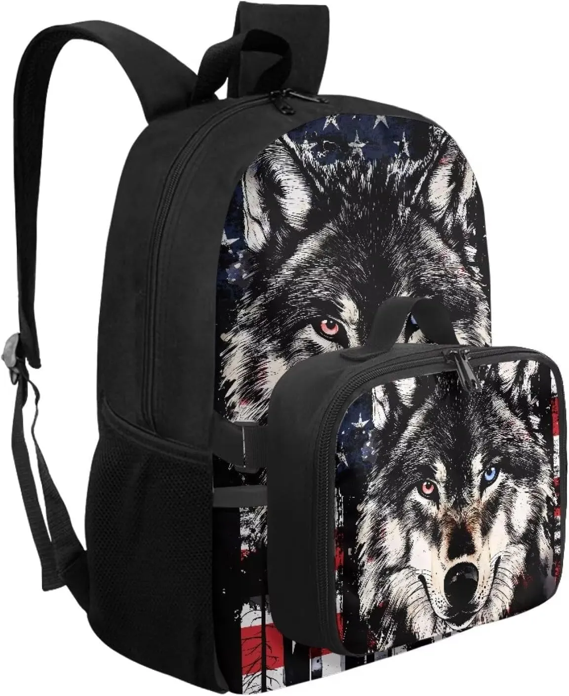 HUGS IDEA American Flag Bookbag for Boys 6-8 Wolf Print Kids School Bookbag with Lunchbox Cool Preschool Backpack for Students Lightweight School Bag with Lunch Bag for Boys Daypack