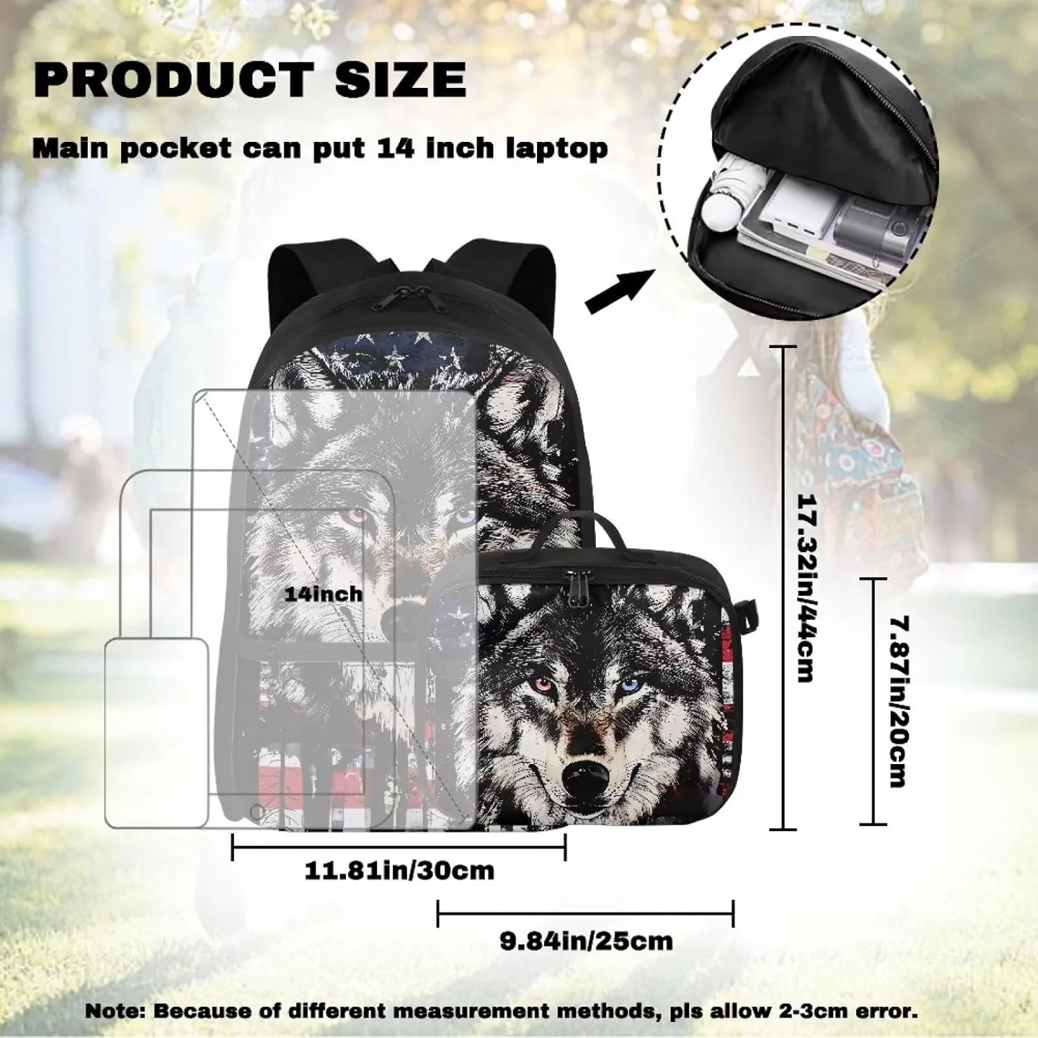 HUGS IDEA American Flag Bookbag for Boys 6-8 Wolf Print Kids School Bookbag with Lunchbox Cool Preschool Backpack for Students Lightweight School Bag with Lunch Bag for Boys Daypack