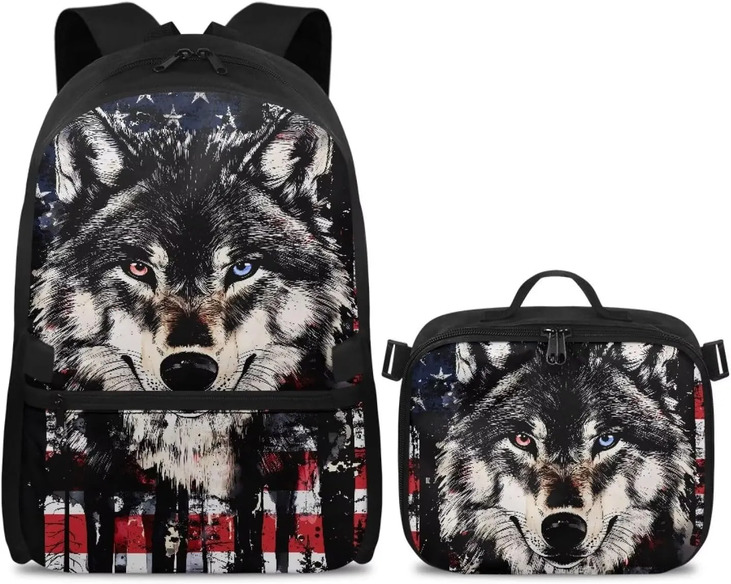 HUGS IDEA American Flag Bookbag for Boys 6-8 Wolf Print Kids School Bookbag with Lunchbox Cool Preschool Backpack for Students Lightweight School Bag with Lunch Bag for Boys Daypack