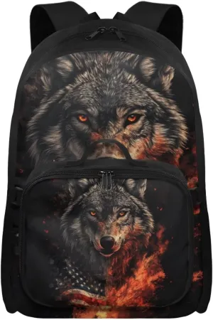 HUGS IDEA American Flag Wolf Backpack for Boys 6-8 Vintage Children Backpacks and Lunchbox for Kids School Bags for Boys Lightweight Bookbag for Kids Travel 17 Inch Schoolbag for Students