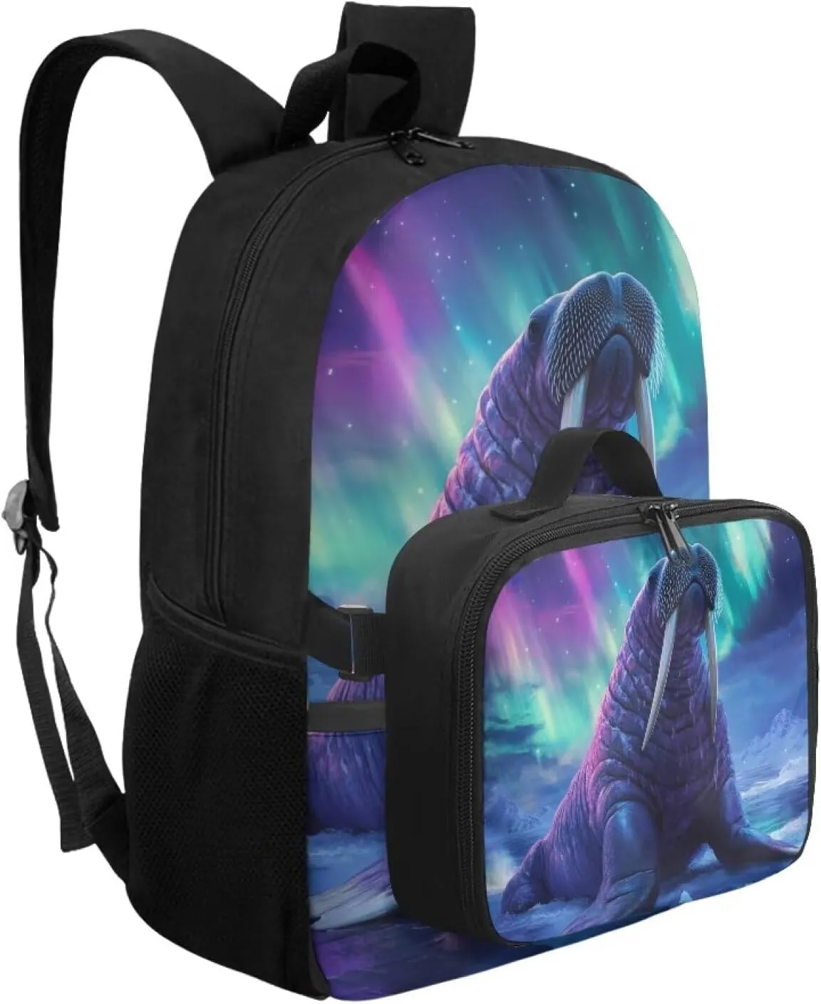 HUGS IDEA Aurora Walrus School Backpack for Boys 8-10 with Lunchbox Cool Kids Backpack for Boys Elementary School Bag Large Capacity Book Bag for Students Study Children Gifts