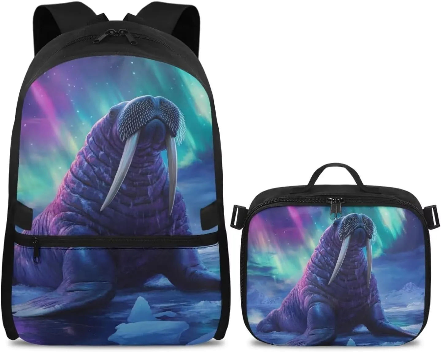 HUGS IDEA Aurora Walrus School Backpack for Boys 8-10 with Lunchbox Cool Kids Backpack for Boys Elementary School Bag Large Capacity Book Bag for Students Study Children Gifts