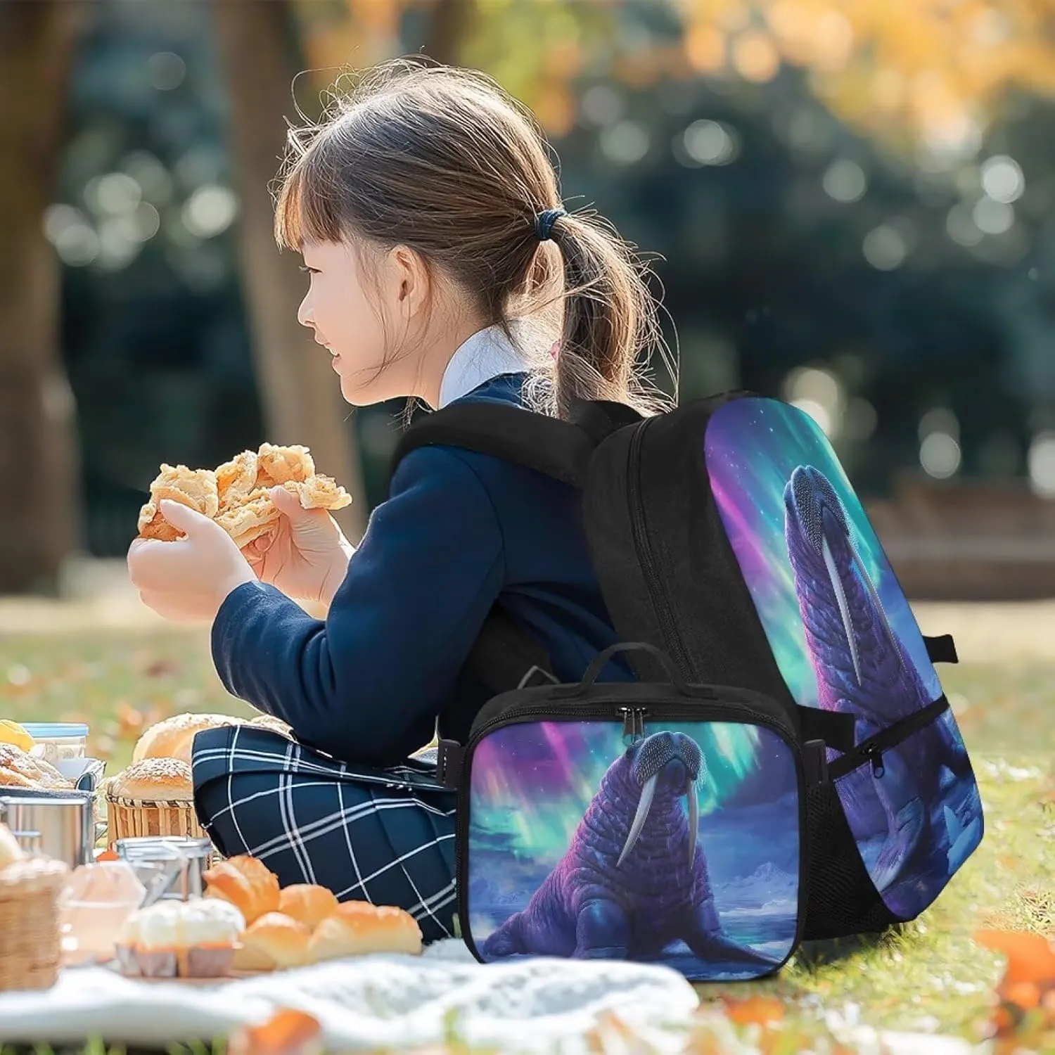 HUGS IDEA Aurora Walrus School Backpack for Boys 8-10 with Lunchbox Cool Kids Backpack for Boys Elementary School Bag Large Capacity Book Bag for Students Study Children Gifts