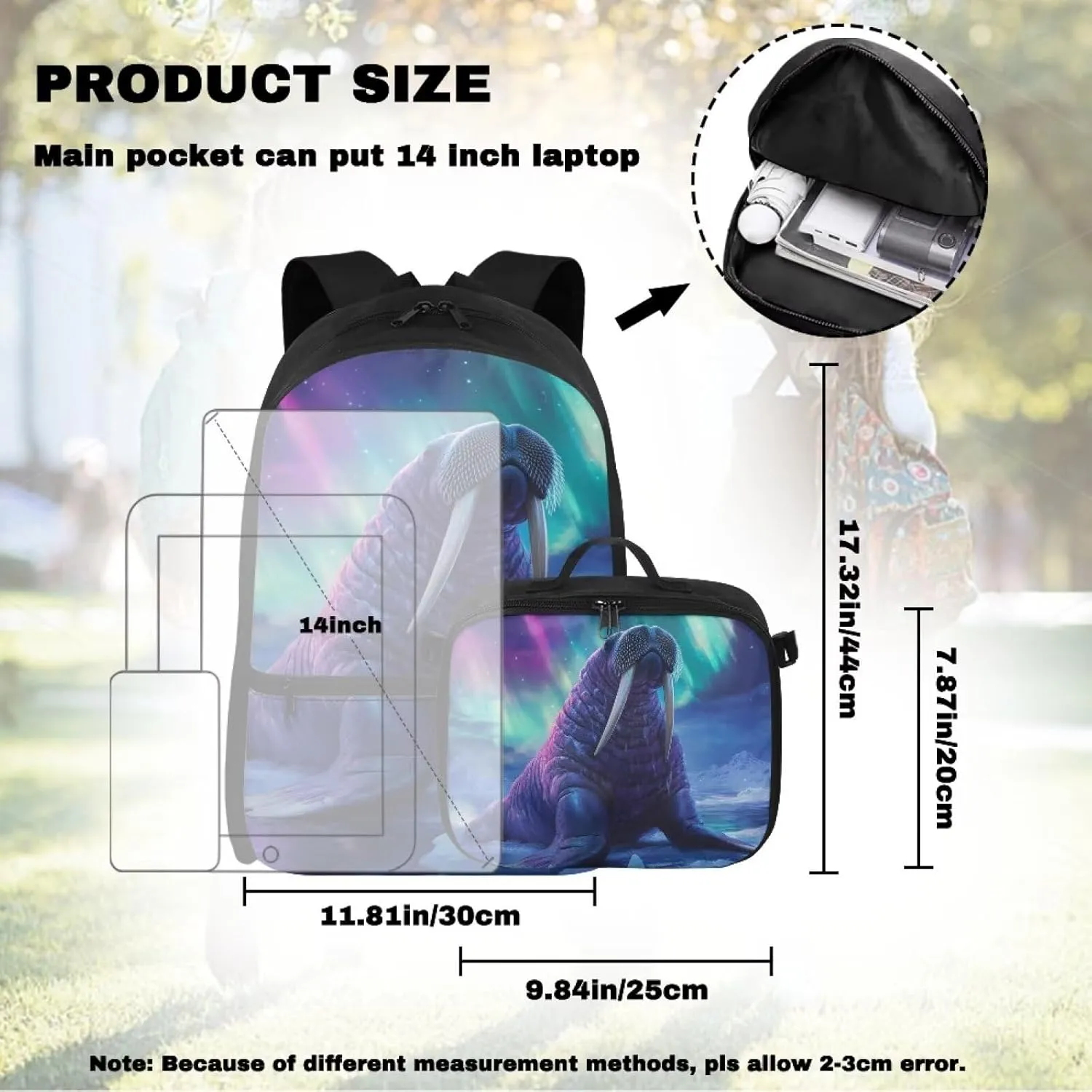 HUGS IDEA Aurora Walrus School Backpack for Boys 8-10 with Lunchbox Cool Kids Backpack for Boys Elementary School Bag Large Capacity Book Bag for Students Study Children Gifts