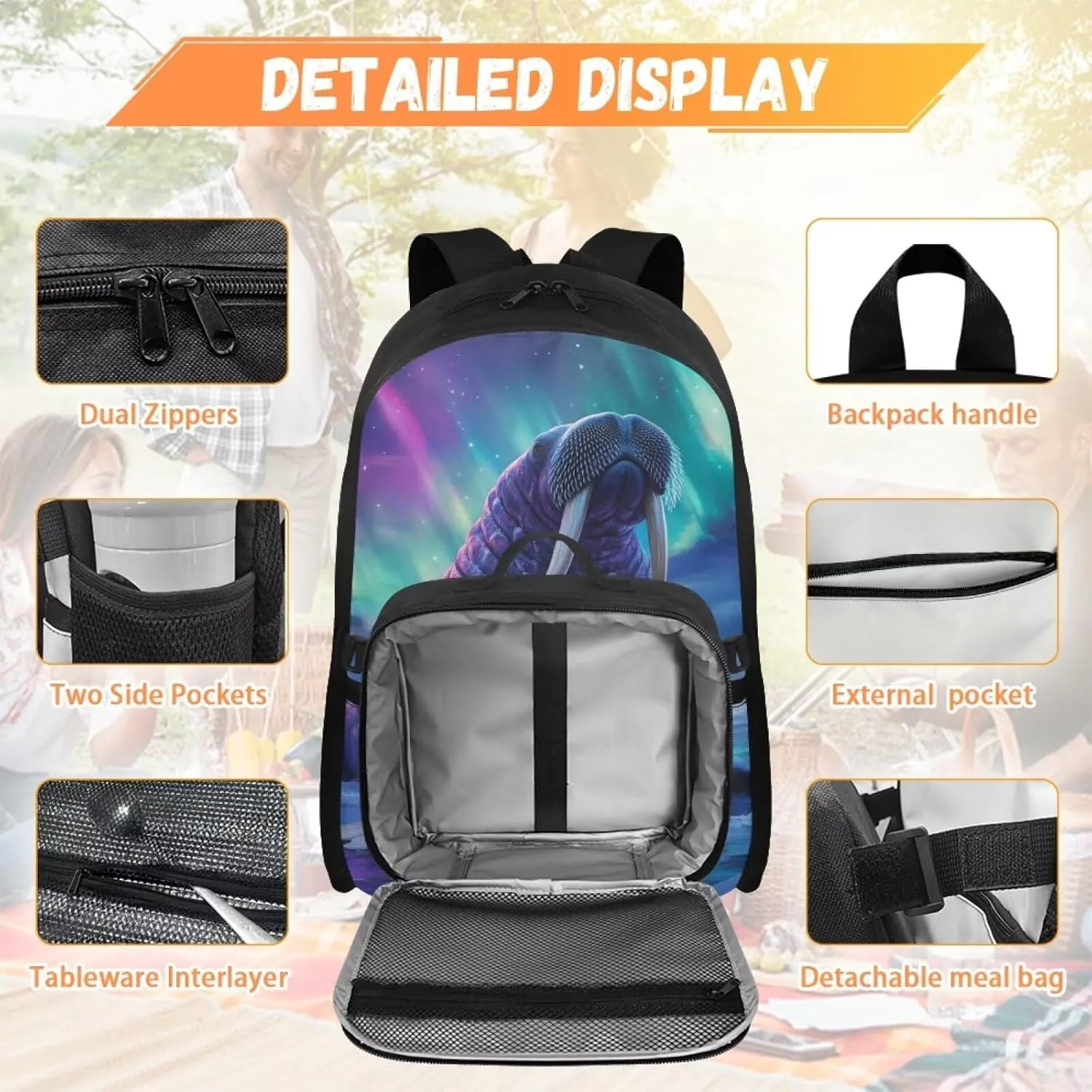 HUGS IDEA Aurora Walrus School Backpack for Boys 8-10 with Lunchbox Cool Kids Backpack for Boys Elementary School Bag Large Capacity Book Bag for Students Study Children Gifts