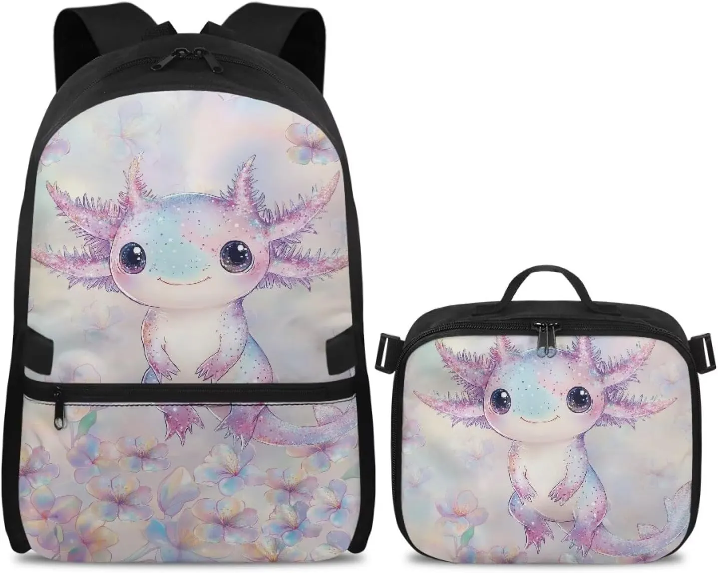 HUGS IDEA Axolotl Print Backpack for School Girls Cute Bookbag with Insulated Lunch Bag for Elementary Girls Kids Travel Backpack Set Large 17 Inch Schoolbag for Students Study Daypack