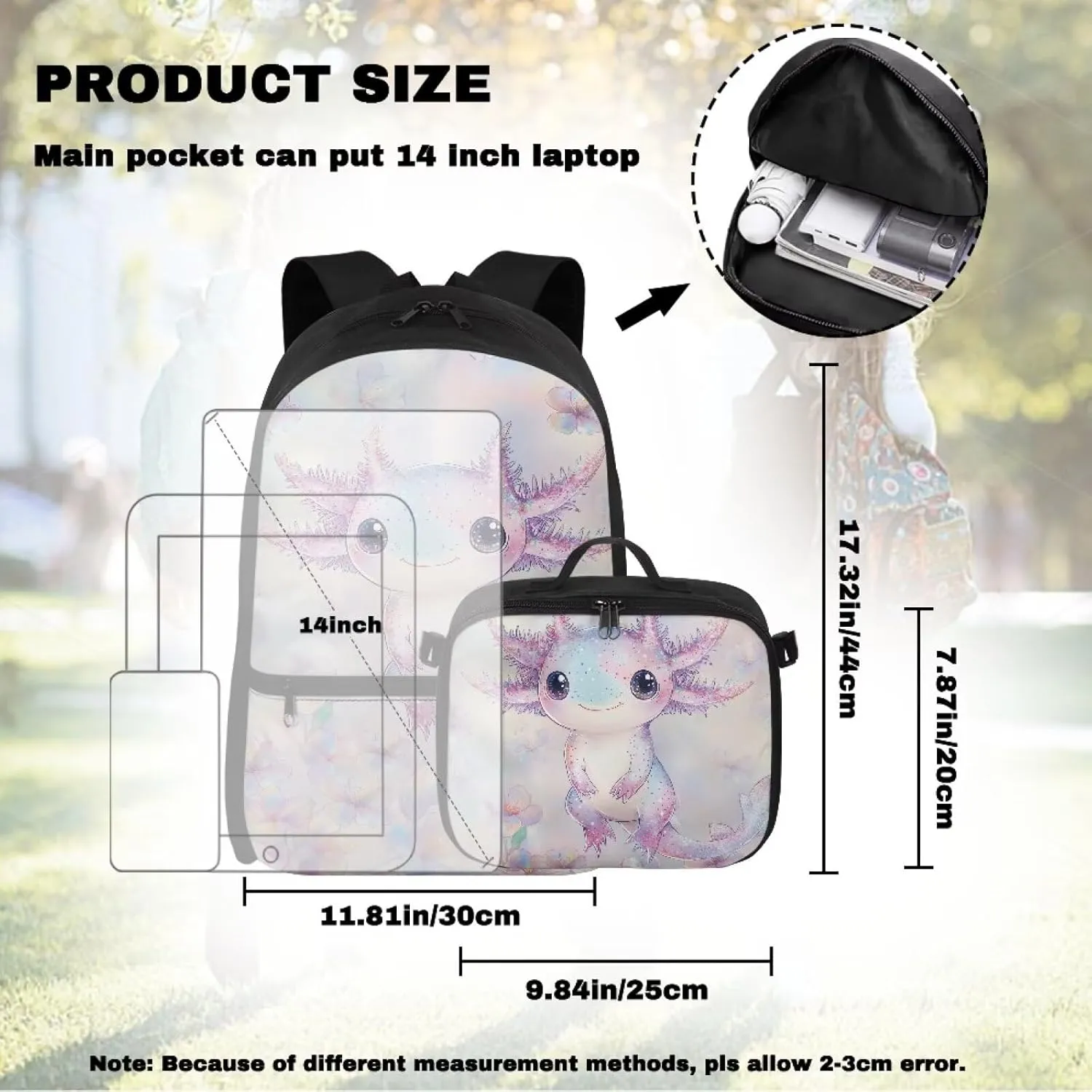 HUGS IDEA Axolotl Print Backpack for School Girls Cute Bookbag with Insulated Lunch Bag for Elementary Girls Kids Travel Backpack Set Large 17 Inch Schoolbag for Students Study Daypack