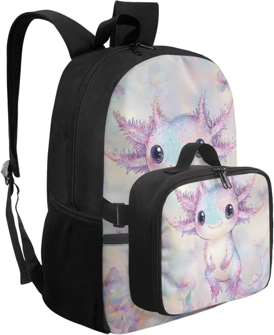 HUGS IDEA Axolotl Print Backpack for School Girls Cute Bookbag with Insulated Lunch Bag for Elementary Girls Kids Travel Backpack Set Large 17 Inch Schoolbag for Students Study Daypack