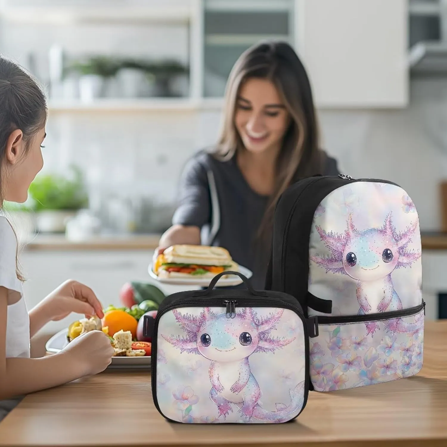 HUGS IDEA Axolotl Print Backpack for School Girls Cute Bookbag with Insulated Lunch Bag for Elementary Girls Kids Travel Backpack Set Large 17 Inch Schoolbag for Students Study Daypack