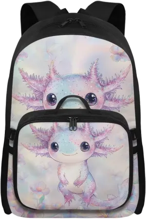 HUGS IDEA Axolotl Print Backpack for School Girls Cute Bookbag with Insulated Lunch Bag for Elementary Girls Kids Travel Backpack Set Large 17 Inch Schoolbag for Students Study Daypack