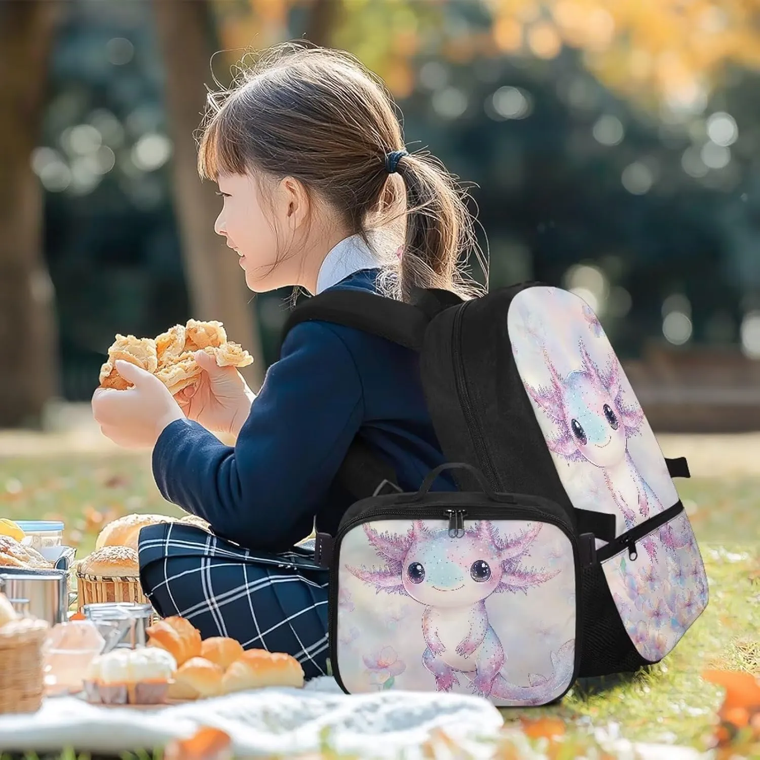 HUGS IDEA Axolotl Print Backpack for School Girls Cute Bookbag with Insulated Lunch Bag for Elementary Girls Kids Travel Backpack Set Large 17 Inch Schoolbag for Students Study Daypack
