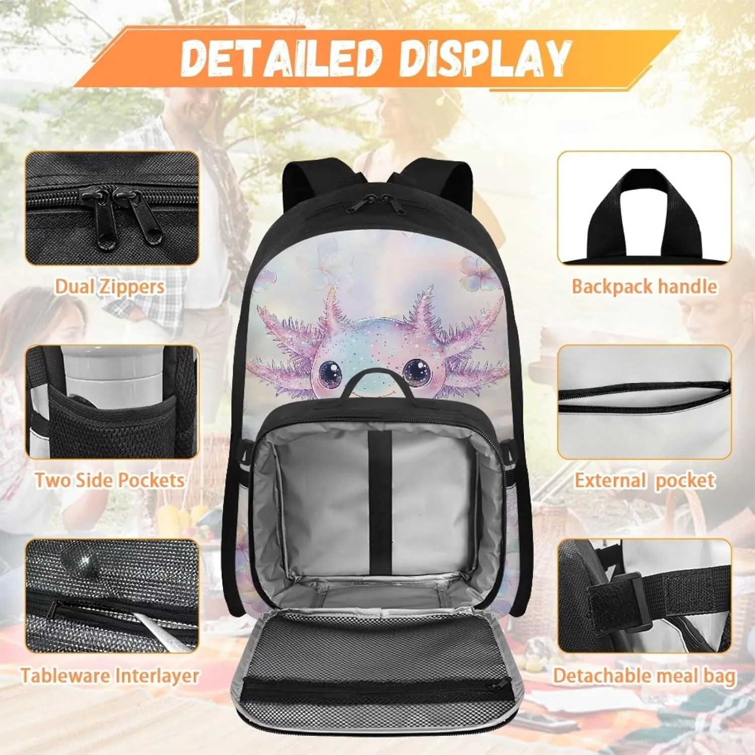 HUGS IDEA Axolotl Print Backpack for School Girls Cute Bookbag with Insulated Lunch Bag for Elementary Girls Kids Travel Backpack Set Large 17 Inch Schoolbag for Students Study Daypack