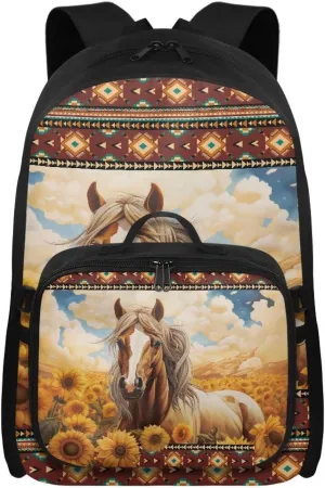 HUGS IDEA Aztec Tribal Horse Backpack for Teen Girls Lighweight School Bag with Lunch Bag Portable & Reusable Backpack for Outdoor Travel & Hiking Large Capacity Insulated Lunchbox