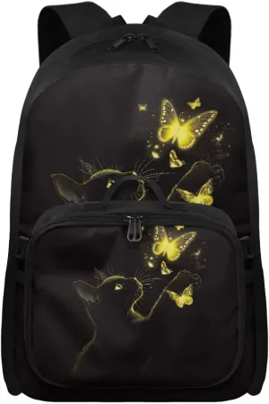 HUGS IDEA Black Cat Backpack for Kids 8-10 Stylish School Bag with Lunch Box 17 Inch Kids Bookbag for Elementary Girls Large Capacity Backpack with Lunchbag for School, Camping & Picnic