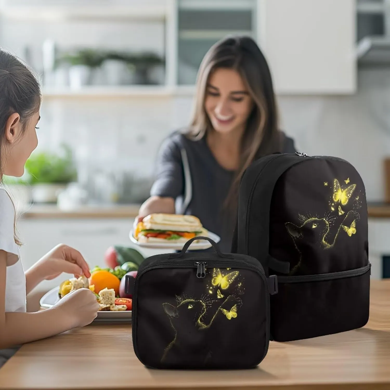 HUGS IDEA Black Cat Backpack for Kids 8-10 Stylish School Bag with Lunch Box 17 Inch Kids Bookbag for Elementary Girls Large Capacity Backpack with Lunchbag for School, Camping & Picnic