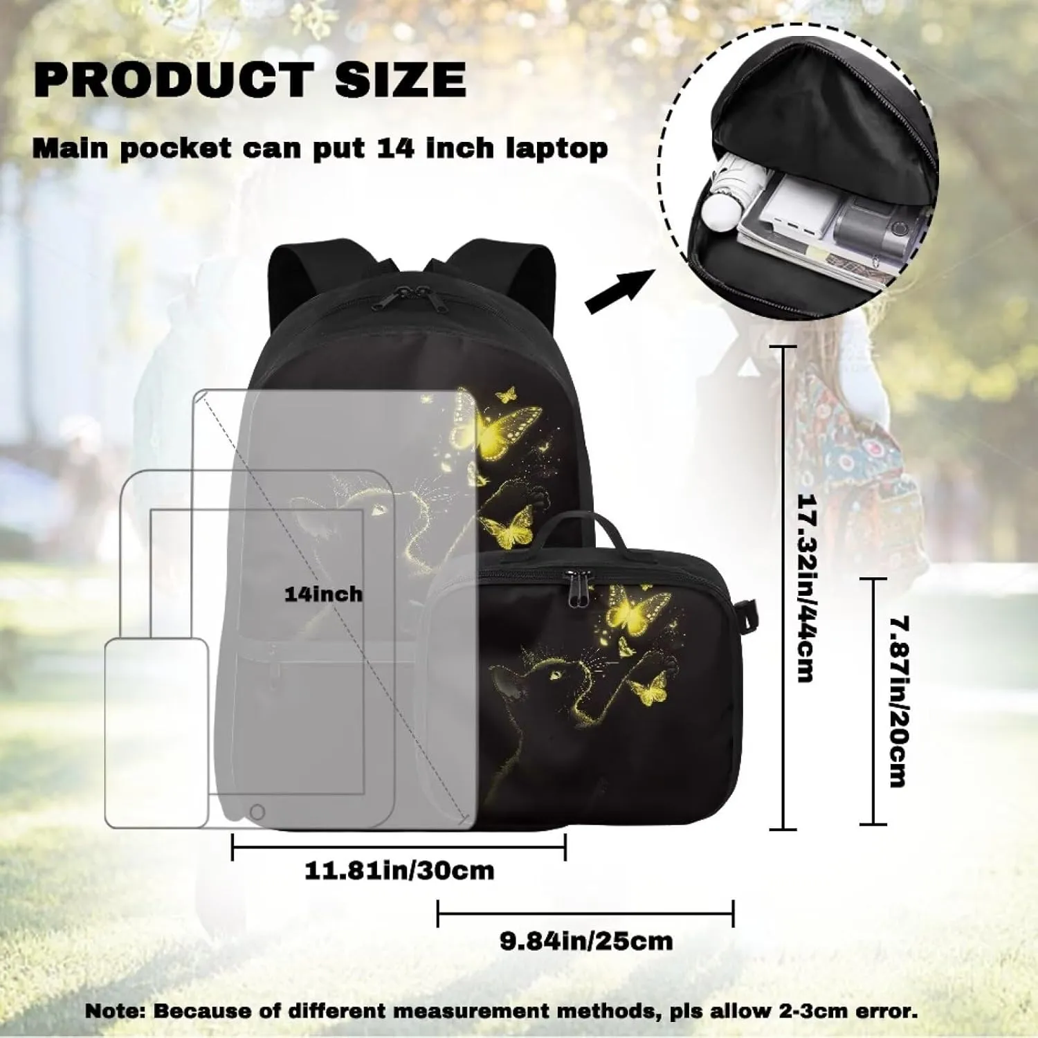 HUGS IDEA Black Cat Backpack for Kids 8-10 Stylish School Bag with Lunch Box 17 Inch Kids Bookbag for Elementary Girls Large Capacity Backpack with Lunchbag for School, Camping & Picnic