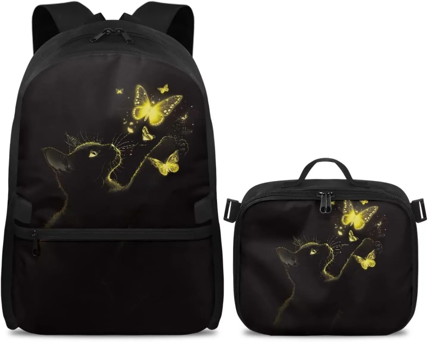 HUGS IDEA Black Cat Backpack for Kids 8-10 Stylish School Bag with Lunch Box 17 Inch Kids Bookbag for Elementary Girls Large Capacity Backpack with Lunchbag for School, Camping & Picnic