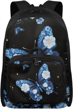 HUGS IDEA Blue Butterfly Backpack for Children All-in-One Meal Kit & Bookbag Lightweight 17 Inch Backpacks for School & Outdoor Travel Large Capacity Girls Schoolbag for Ages 8-10