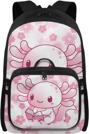 HUGS IDEA Cartoon Axolotl Bookbag for Girls Elementary School Cute Kids Bookbag with Lunch Box 17 Inch School Bag for Girls 4-6 Lightweight Book Bags Satchel Back Pack for Kids