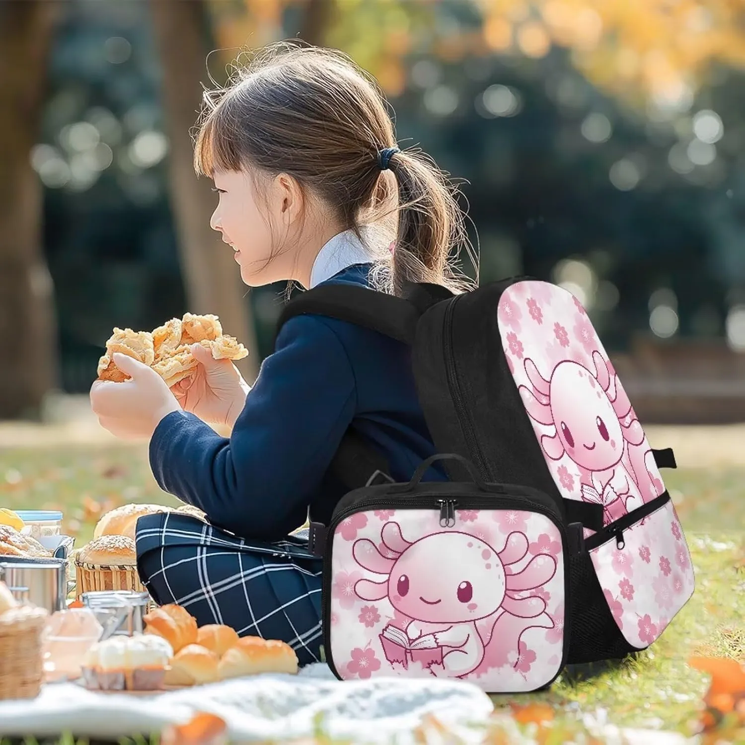 HUGS IDEA Cartoon Axolotl Bookbag for Girls Elementary School Cute Kids Bookbag with Lunch Box 17 Inch School Bag for Girls 4-6 Lightweight Book Bags Satchel Back Pack for Kids