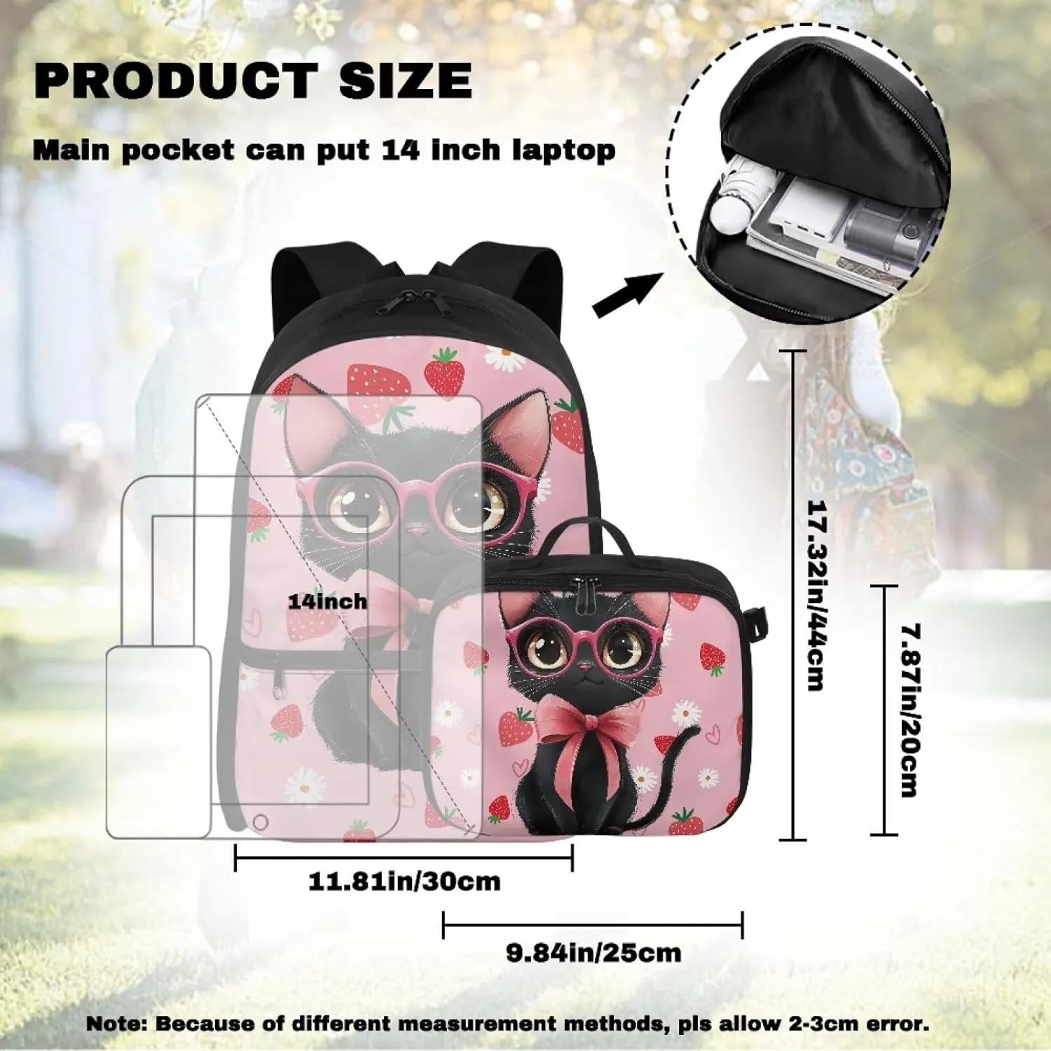 HUGS IDEA Cartoon Black Cat Backpack for School Girls Strawberry Bookbag and Lunch Box for Kids 17 Inch Backpack Purse for Elementary Children Lightweight School Bookbag for Students