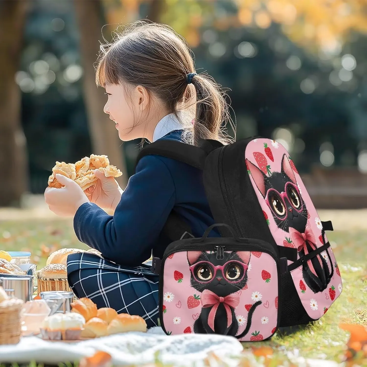 HUGS IDEA Cartoon Black Cat Backpack for School Girls Strawberry Bookbag and Lunch Box for Kids 17 Inch Backpack Purse for Elementary Children Lightweight School Bookbag for Students