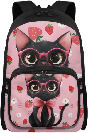 HUGS IDEA Cartoon Black Cat Backpack for School Girls Strawberry Bookbag and Lunch Box for Kids 17 Inch Backpack Purse for Elementary Children Lightweight School Bookbag for Students