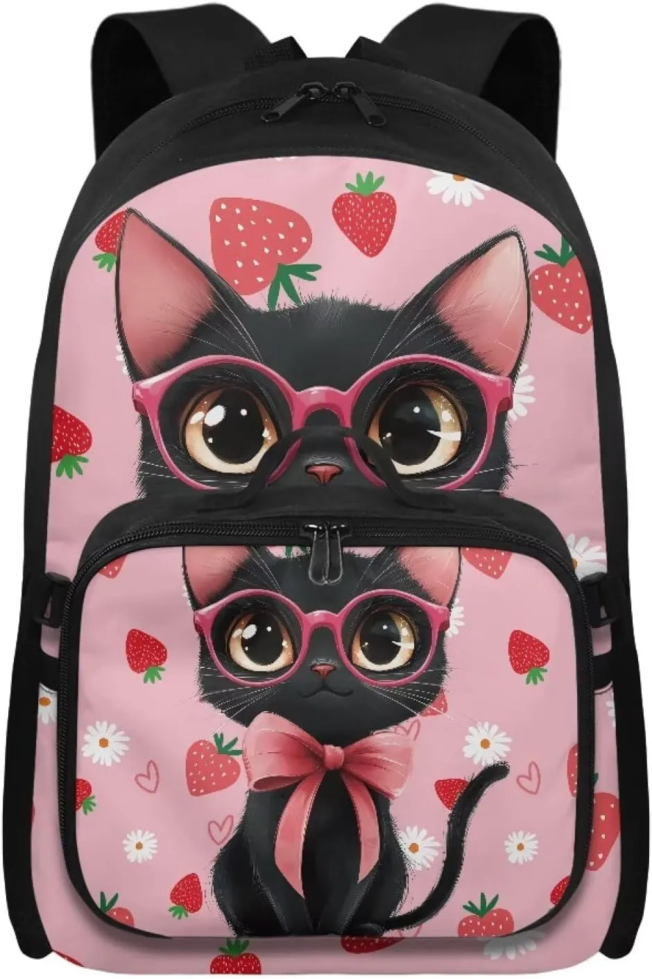 HUGS IDEA Cartoon Black Cat Backpack for School Girls Strawberry Bookbag and Lunch Box for Kids 17 Inch Backpack Purse for Elementary Children Lightweight School Bookbag for Students