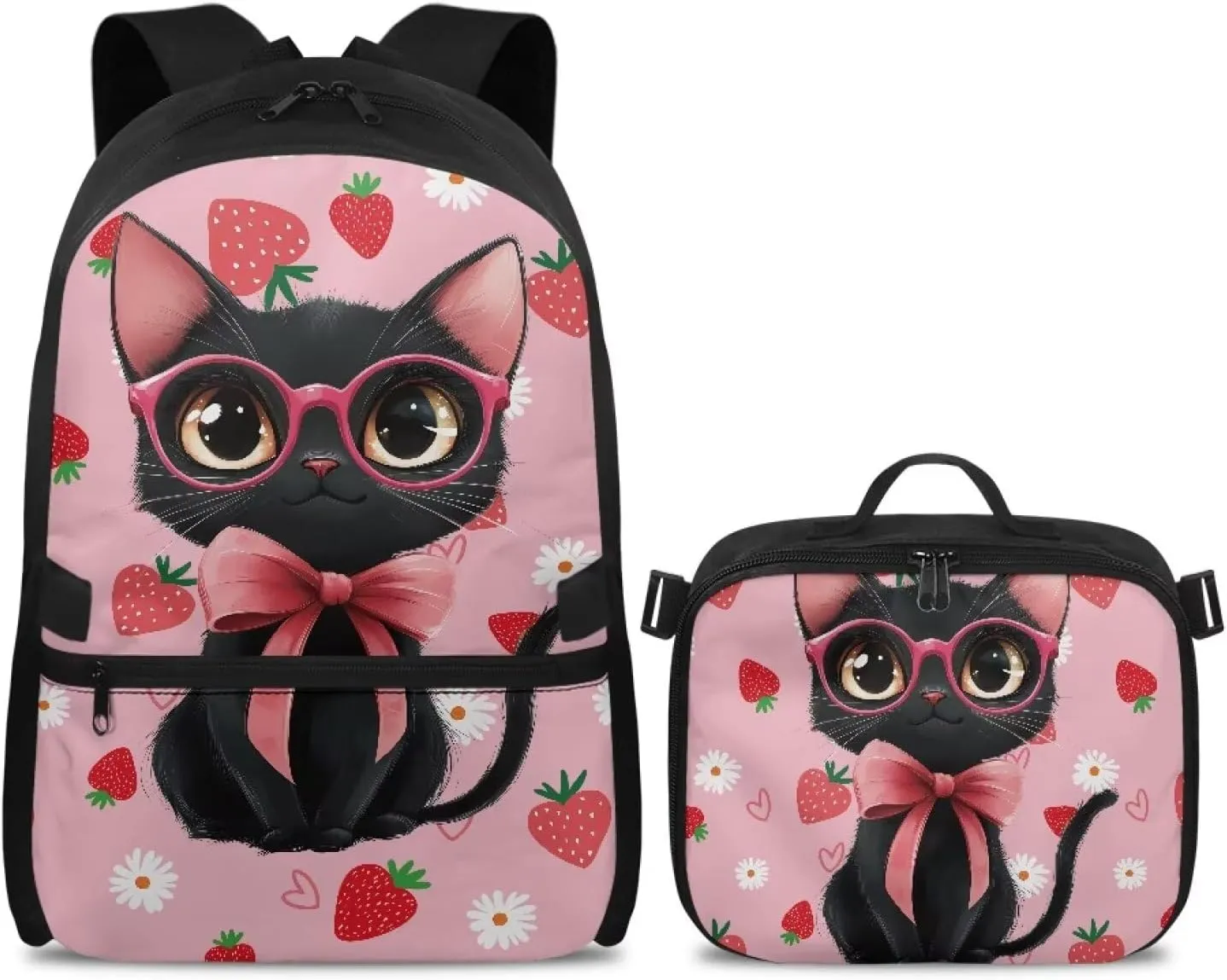 HUGS IDEA Cartoon Black Cat Backpack for School Girls Strawberry Bookbag and Lunch Box for Kids 17 Inch Backpack Purse for Elementary Children Lightweight School Bookbag for Students