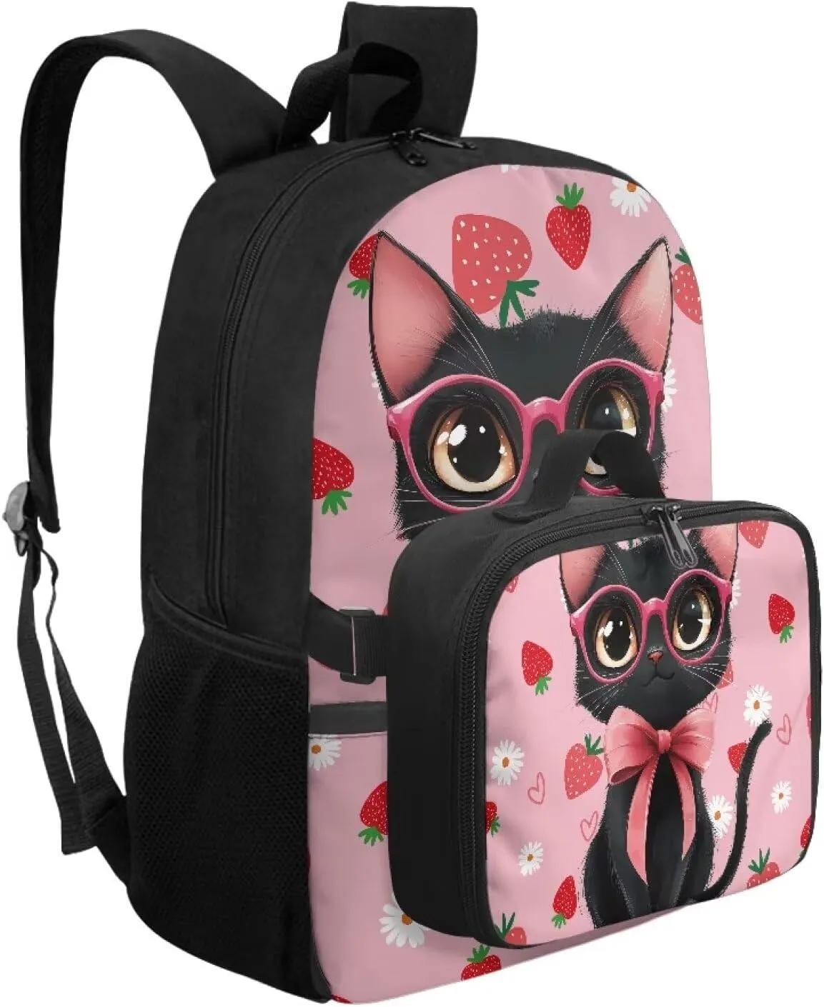 HUGS IDEA Cartoon Black Cat Backpack for School Girls Strawberry Bookbag and Lunch Box for Kids 17 Inch Backpack Purse for Elementary Children Lightweight School Bookbag for Students