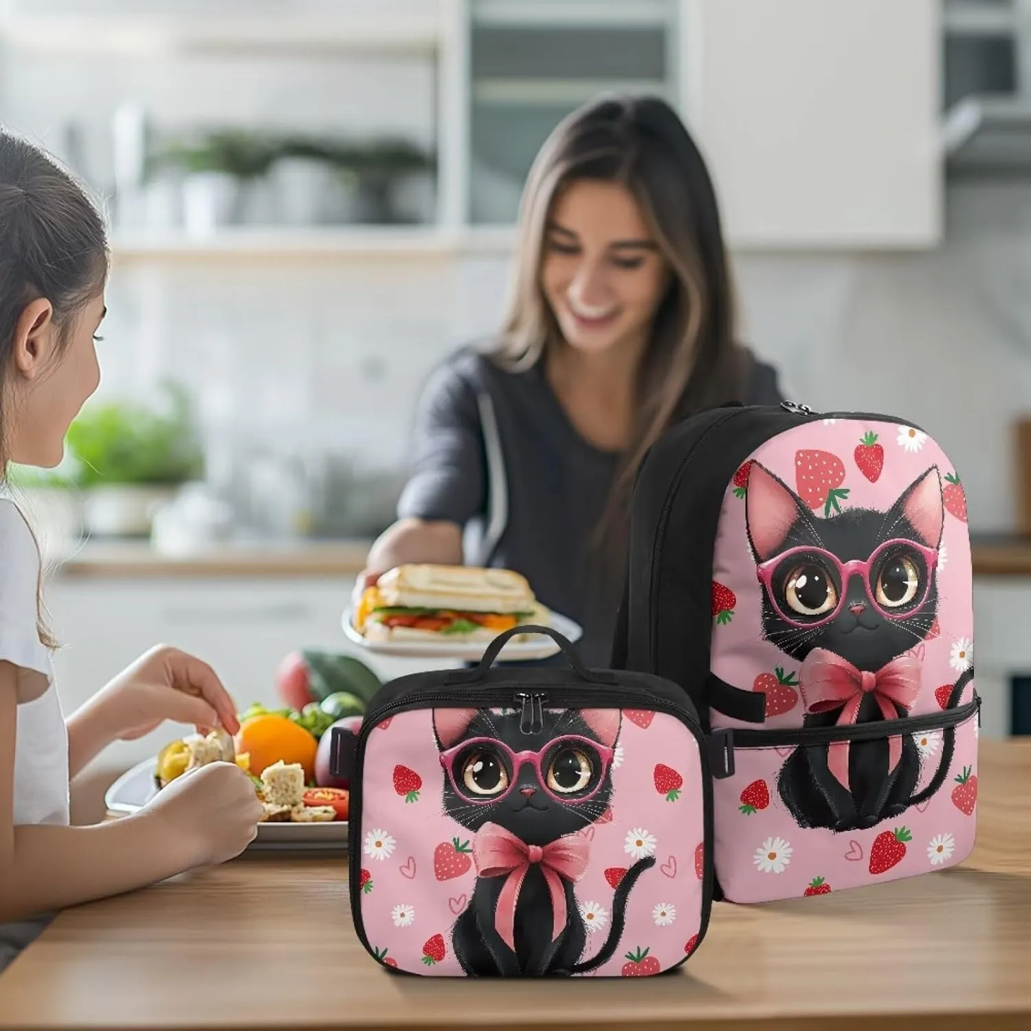 HUGS IDEA Cartoon Black Cat Backpack for School Girls Strawberry Bookbag and Lunch Box for Kids 17 Inch Backpack Purse for Elementary Children Lightweight School Bookbag for Students