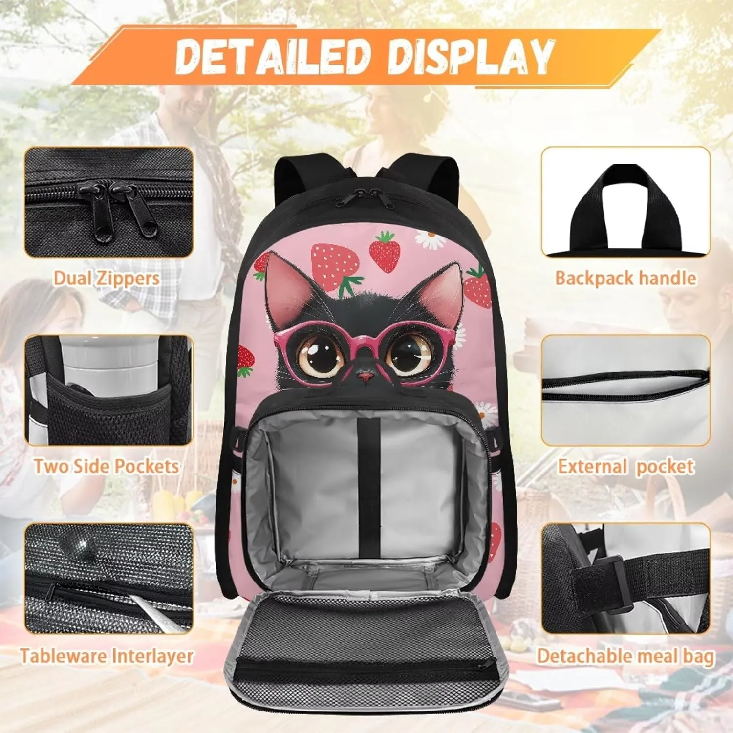 HUGS IDEA Cartoon Black Cat Backpack for School Girls Strawberry Bookbag and Lunch Box for Kids 17 Inch Backpack Purse for Elementary Children Lightweight School Bookbag for Students