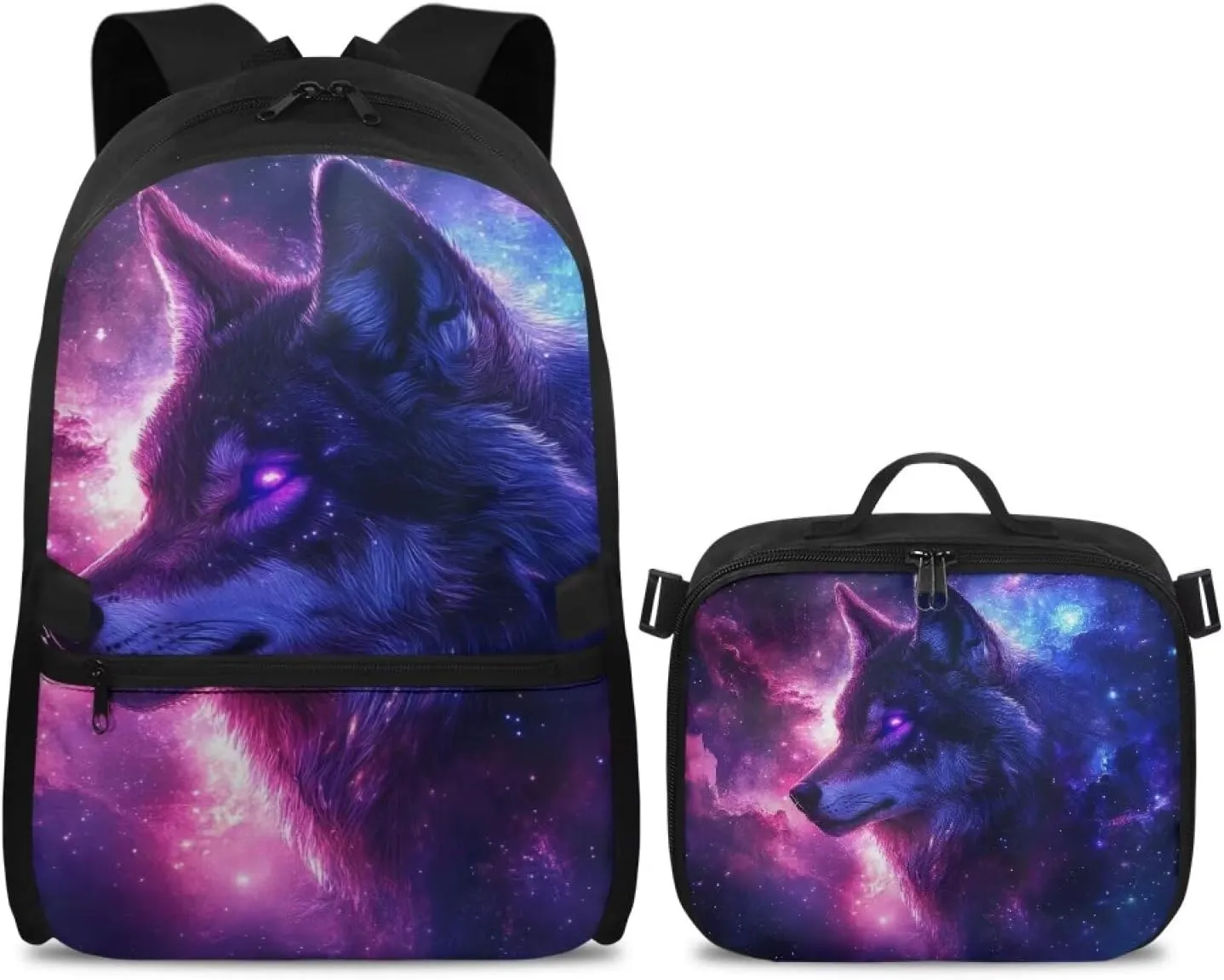 HUGS IDEA Galaxy Wolf Backpack for Boys Large Capacity School Bag with Insulated Lunch Box Portable 17 Inch School Backpack with Adjustable Straps Cool Students Bookbag for Age 6-8