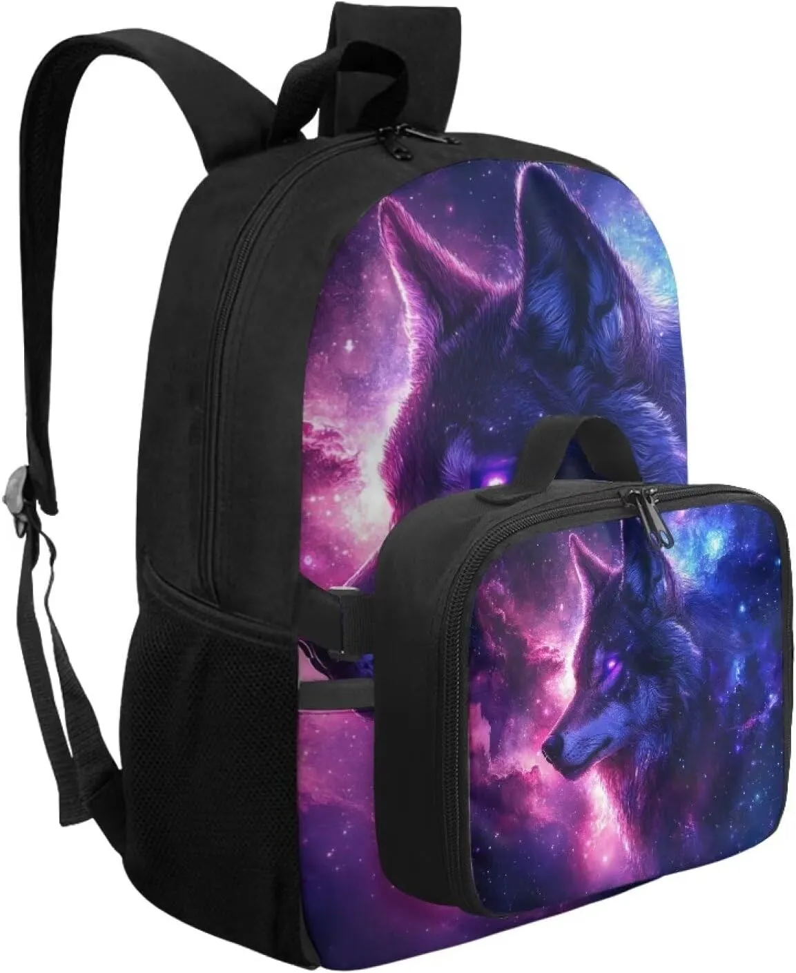 HUGS IDEA Galaxy Wolf Backpack for Boys Large Capacity School Bag with Insulated Lunch Box Portable 17 Inch School Backpack with Adjustable Straps Cool Students Bookbag for Age 6-8