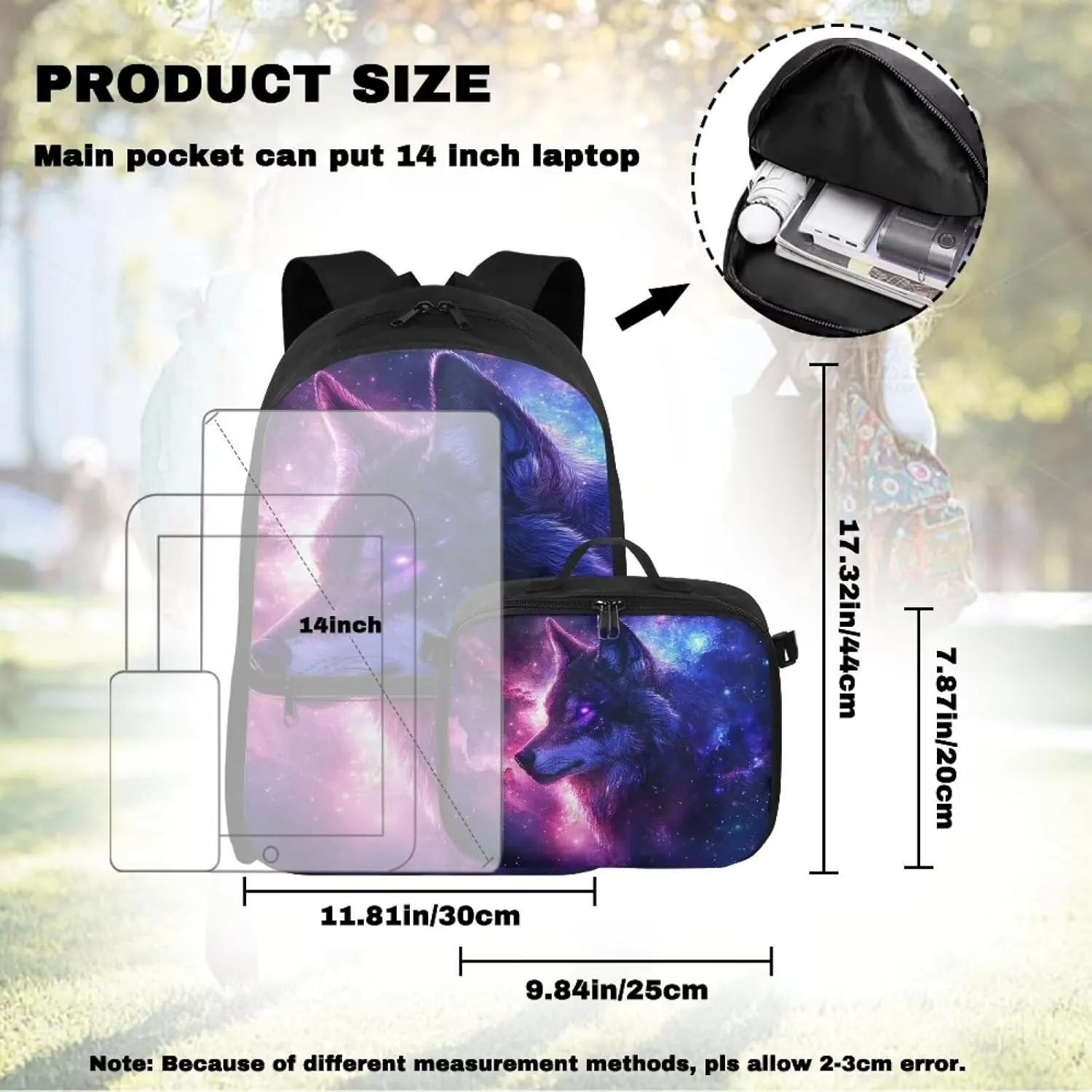 HUGS IDEA Galaxy Wolf Backpack for Boys Large Capacity School Bag with Insulated Lunch Box Portable 17 Inch School Backpack with Adjustable Straps Cool Students Bookbag for Age 6-8