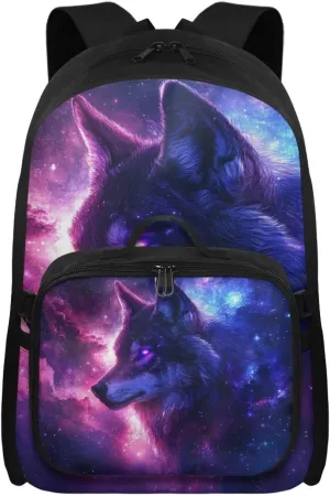 HUGS IDEA Galaxy Wolf Backpack for Boys Large Capacity School Bag with Insulated Lunch Box Portable 17 Inch School Backpack with Adjustable Straps Cool Students Bookbag for Age 6-8
