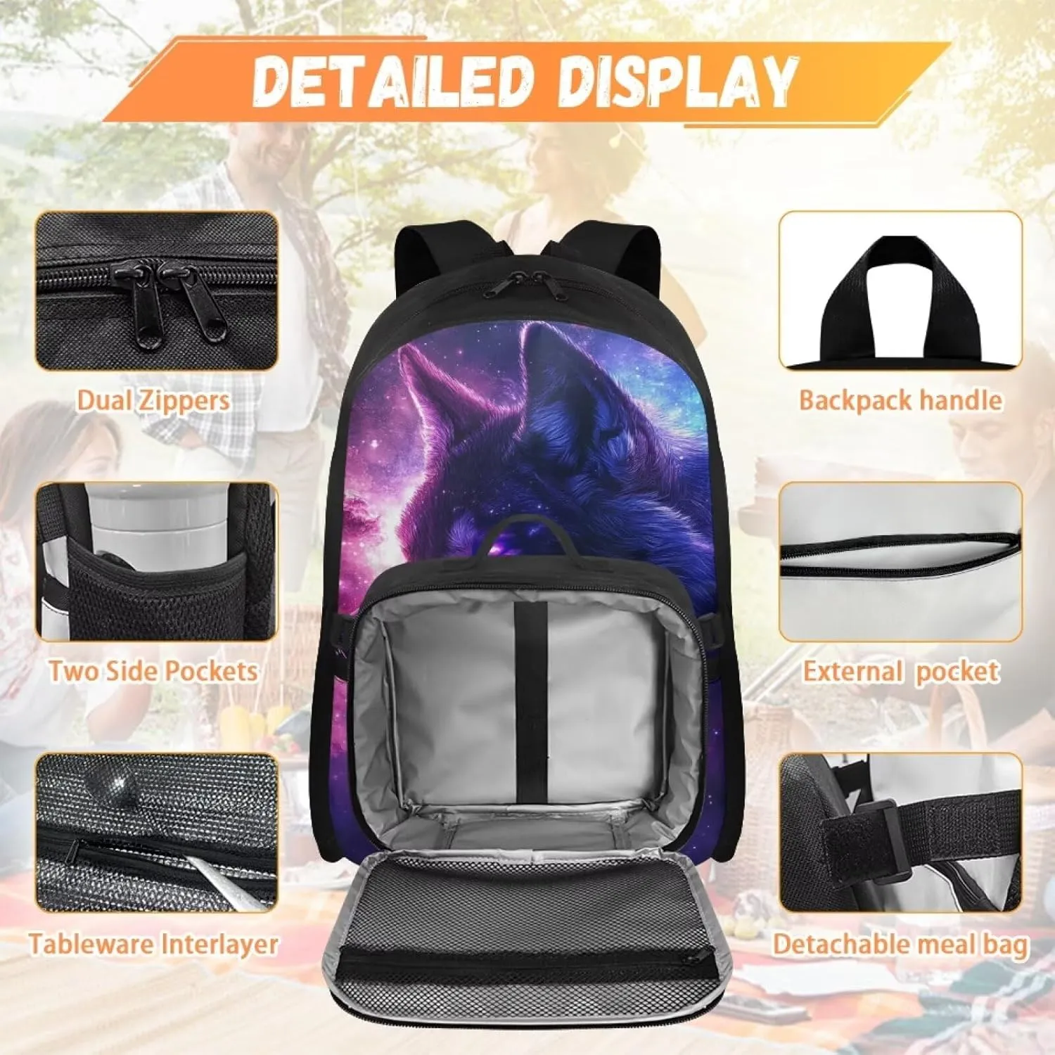 HUGS IDEA Galaxy Wolf Backpack for Boys Large Capacity School Bag with Insulated Lunch Box Portable 17 Inch School Backpack with Adjustable Straps Cool Students Bookbag for Age 6-8