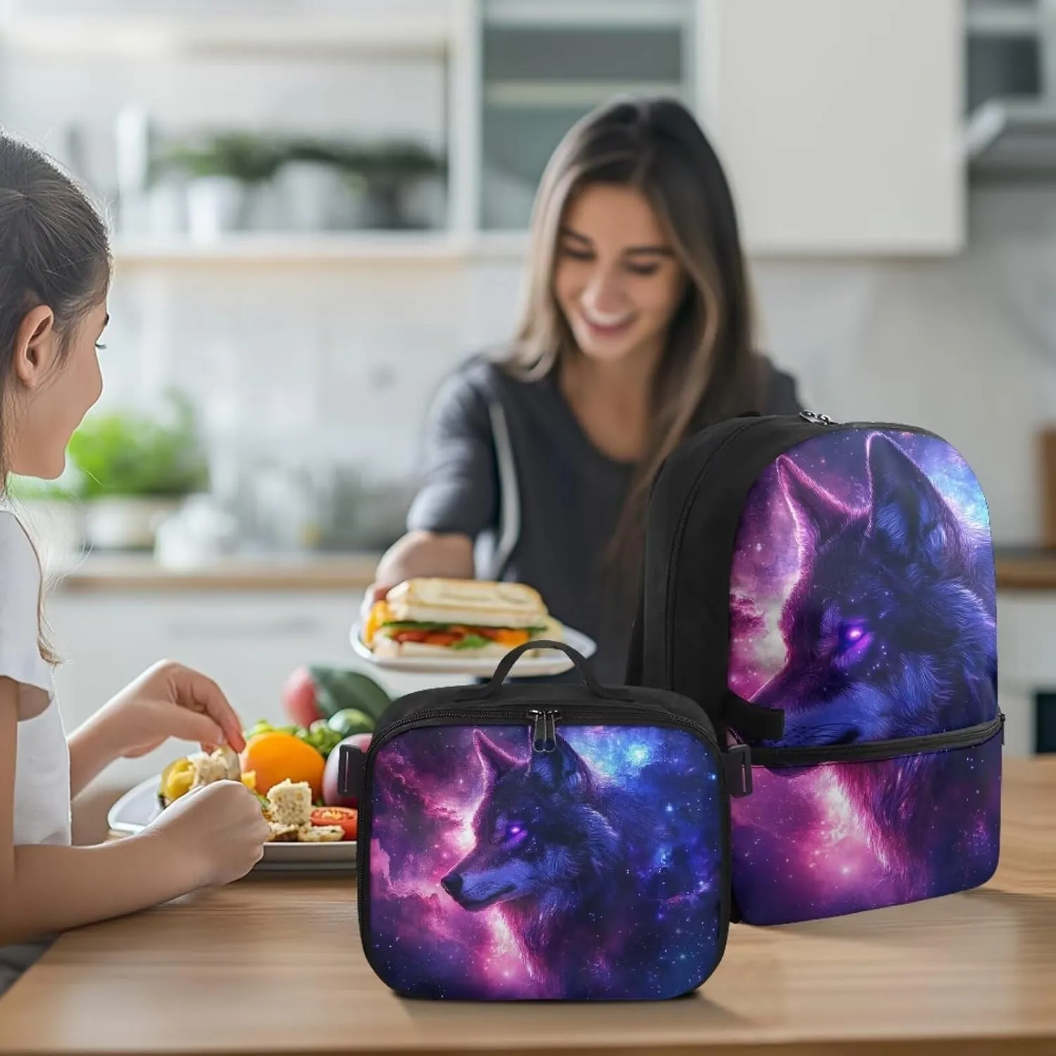 HUGS IDEA Galaxy Wolf Backpack for Boys Large Capacity School Bag with Insulated Lunch Box Portable 17 Inch School Backpack with Adjustable Straps Cool Students Bookbag for Age 6-8