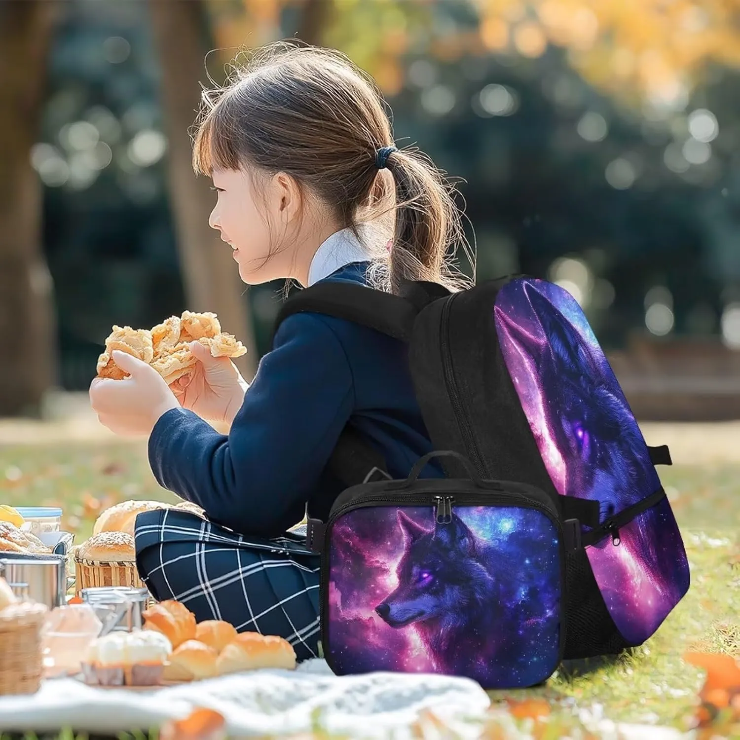 HUGS IDEA Galaxy Wolf Backpack for Boys Large Capacity School Bag with Insulated Lunch Box Portable 17 Inch School Backpack with Adjustable Straps Cool Students Bookbag for Age 6-8