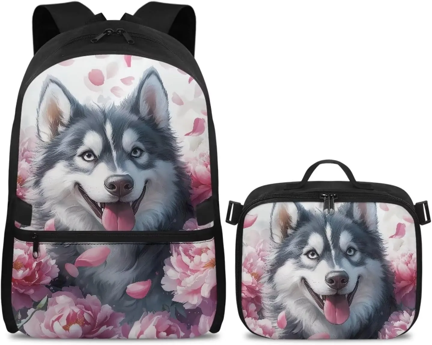 HUGS IDEA Siberian Husky Backpack Meal Kit Thermal Insulated Lunch Box for School Girls 17 Inch Bookbag for Elementary Kids Lightweight School Bag for Hiking & Outdoor Picnic