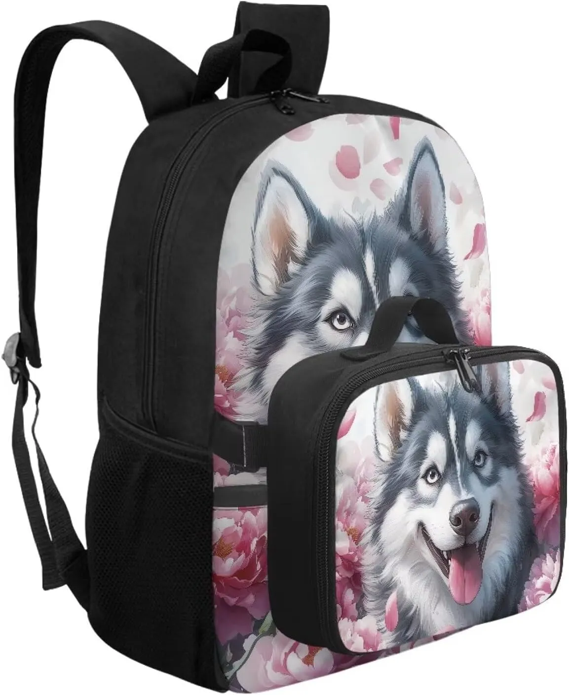 HUGS IDEA Siberian Husky Backpack Meal Kit Thermal Insulated Lunch Box for School Girls 17 Inch Bookbag for Elementary Kids Lightweight School Bag for Hiking & Outdoor Picnic
