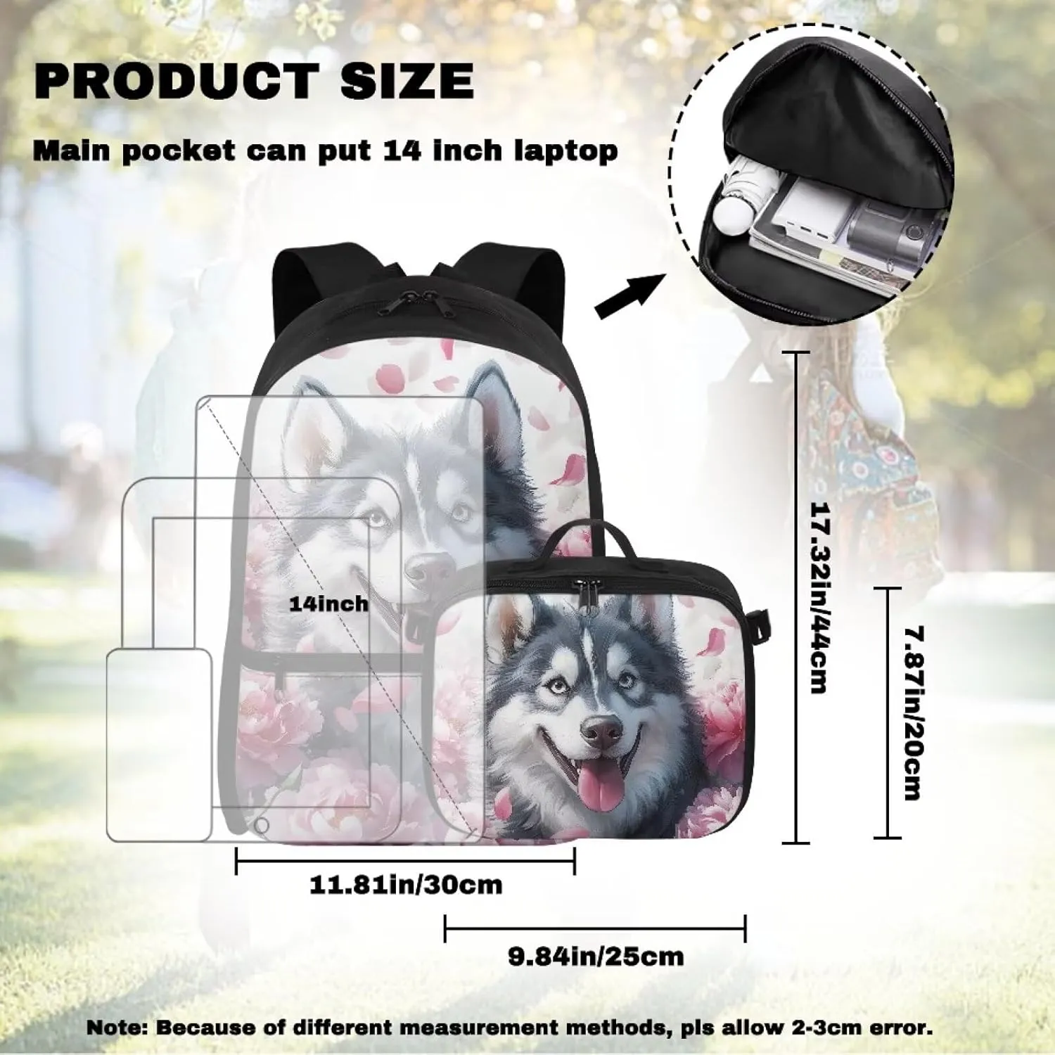 HUGS IDEA Siberian Husky Backpack Meal Kit Thermal Insulated Lunch Box for School Girls 17 Inch Bookbag for Elementary Kids Lightweight School Bag for Hiking & Outdoor Picnic